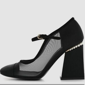 Chanel Mesh Grosgrain Pearls Cap Toe Open Pumps 41  Black